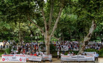 Trabajadores de Abengoa y de sus filiales se manifiestan frente a la subdelegación del Gobierno en Sevilla. EFE/ Julio Muñoz