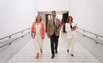 Carolina España, consejera de Hadcienda, Ramón Fernández Pacheco, consejero portavoz, y Rocío Díaz, consejera de Fomento y Vivienda a su llegada a la rueda de prensa del Consejo de Gobierno,