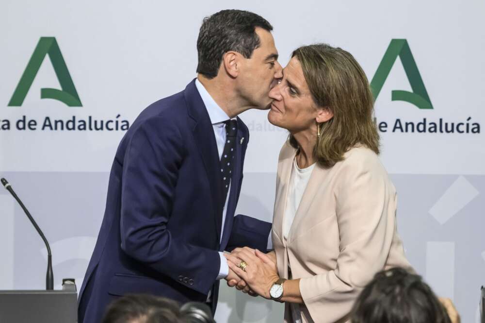 Juanma Moreno y Teresa Ribera, a la finalización de rueda de prensa celebrada en el Palacio de San Telmo, en Sevilla. / EFE