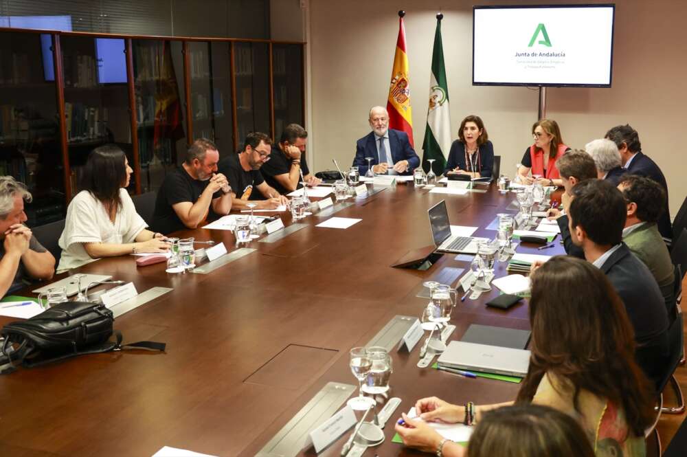 El comité de empresa y directivos de Acerinox, durante la reunión mantenida en la Consejería de Empleo, Empresas y Trabajadores Autónomos de la Junta de Andalucía el pasado 10 de junio.