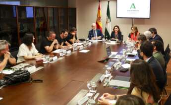 El comité de empresa y directivos de Acerinox, durante la reunión mantenida en la Consejería de Empleo, Empresas y Trabajadores Autónomos de la Junta de Andalucía el pasado 10 de junio.