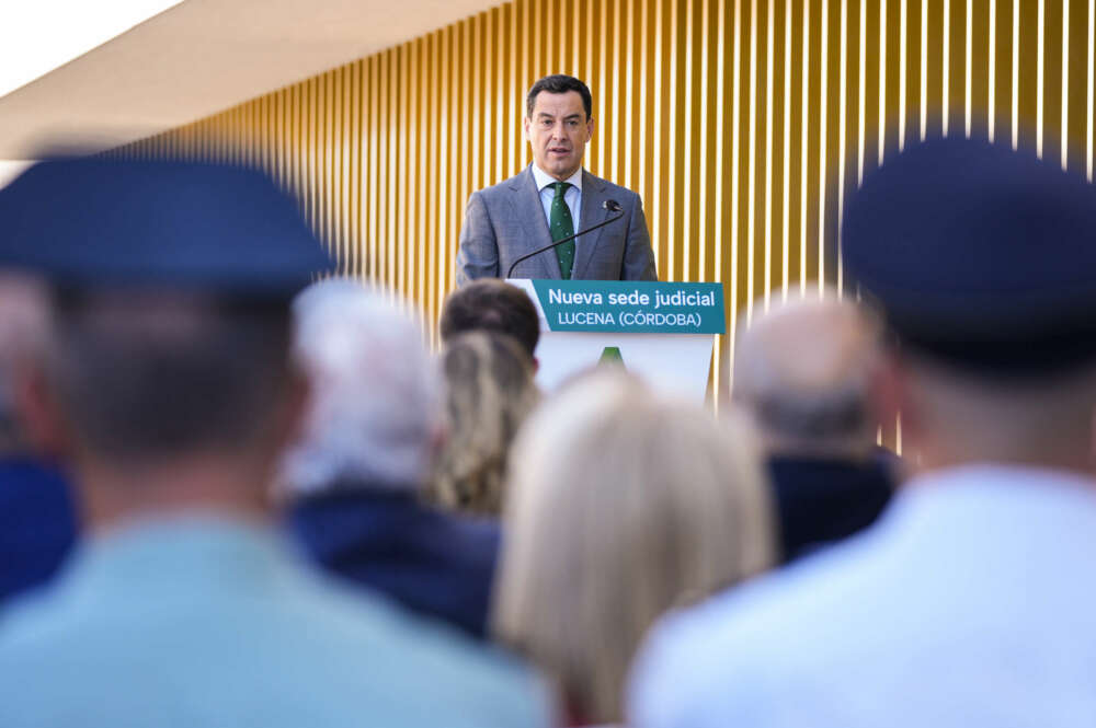 El presidente de la Junta de Andalucía, Juanma Moreno, interviene durante la inauguración la nueva sede judicial de Lucena, a 9 de septiembre de 2024 en Córdoba (Andalucía, España). El presidente de la Junta, Juanma Moreno, inaugura la nueva sede judicial en Lucena para esta zona fiscal de Córdoba. Joaquin Corchero / Europa Press 09/9/2024