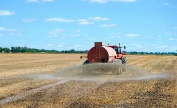 Agricultor aplicando fertilizante al cultivo