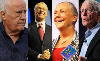 Amancio Ortega con Jim, Alice y Rob Walton, hijos del fundador de Wallmart