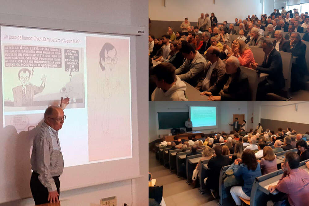 Al final de su última clase en la Facultade de Económicas de la Universidade da Coruña, abierta al público, González Laxe tuvo tiempo para recodar con humor las caricaturas y retratos de la prensa gallega en su etapa al frente de la Xunta