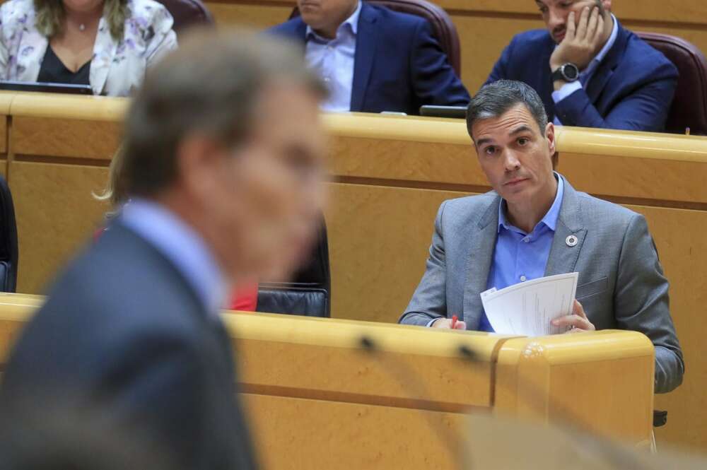 El presidente del PP y líder de la oposición, Alberto Núñez Feijóo, en un debate en el Senado con Pedro Sánchez, presidente del Gobierno