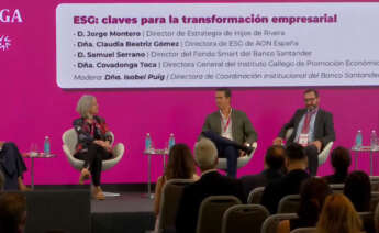 Jorge Montero, director de estrategia de Hijos de Rivera, junto a Claudia Beatriz Gómez, directora de ESG de AON España; Samuel Serrano, director del fondo Smart del Banco Santander; y Covadonga Toca, directora xeral del Igape