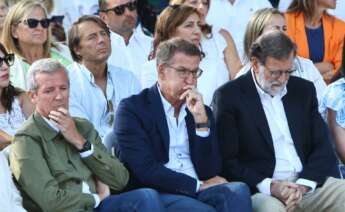 Alfonso Rueda, Alberto Núñez Feijóo y Mariano Rajoy en Soutomaior