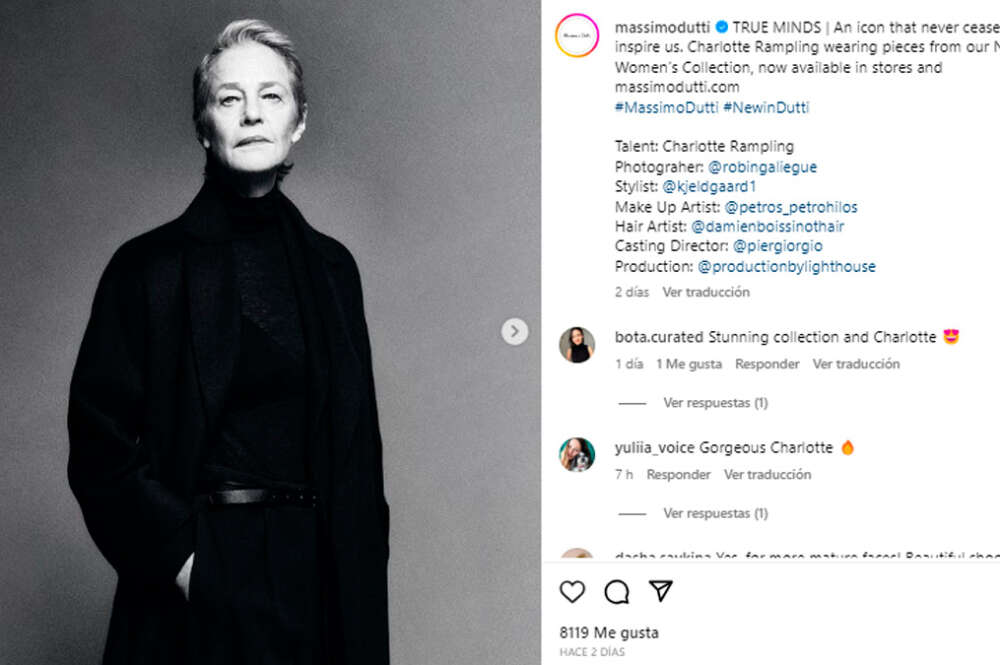 Publicación en el perfil de Instagram de Massimo Dutti con la actriz Charlotte Rampling