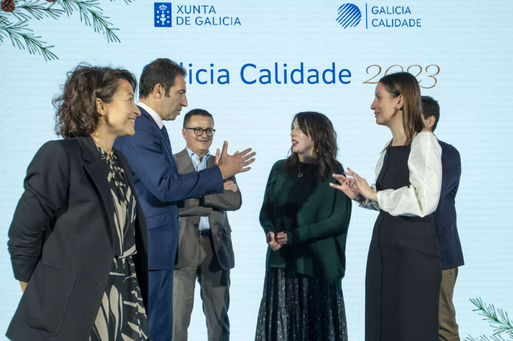 La conselleira de Economía, María Jesús Lorenzana, acompañada de los conselleiros de Medio Rural, José González, y Mar, Alfonso Villares, presentaron el balance de Galicia Calidade en 2023