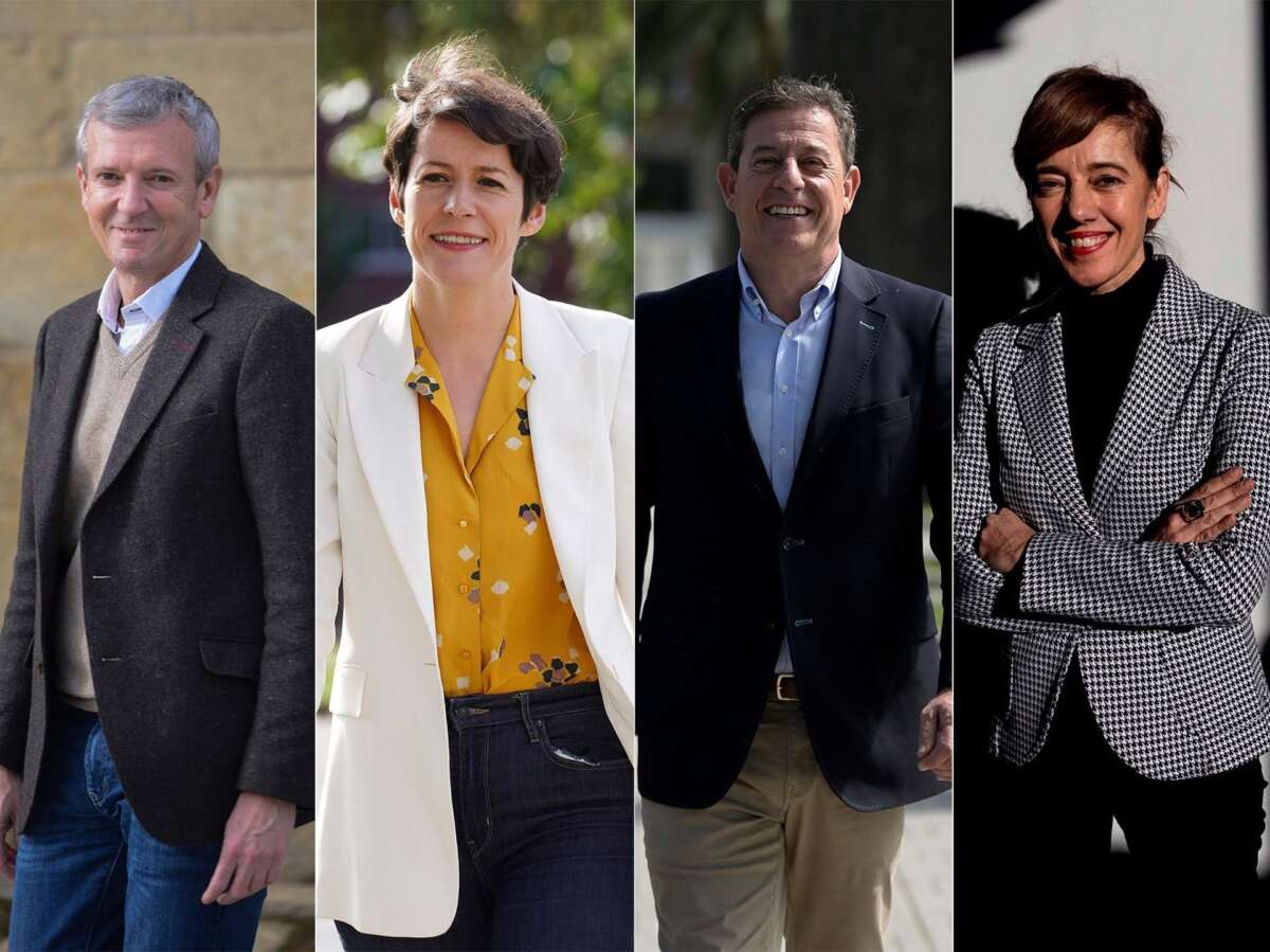 Los candidatos del PP, Alfonso Rueda; BNG, Ana Pontón; PSdeG, José Ramón Gómez Besteiro; y Sumar Galicia, Marta Lois. Elecciones gallegas del 18 de febrero de 2024 / Europa Press