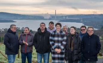 Ana Pontón y miembros del BNG de As Pontes y su comarca posan con la central térmica de fondo / BNG