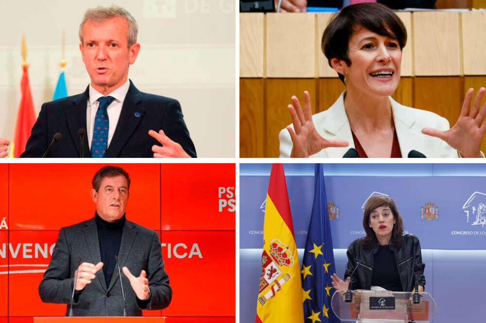 Los candidatos del PP, Alfonso Rueda; BNG, Ana Pontón; PSdeG, José Ramón Gómez Besteiro; y Sumar Galicia, Marta Lois