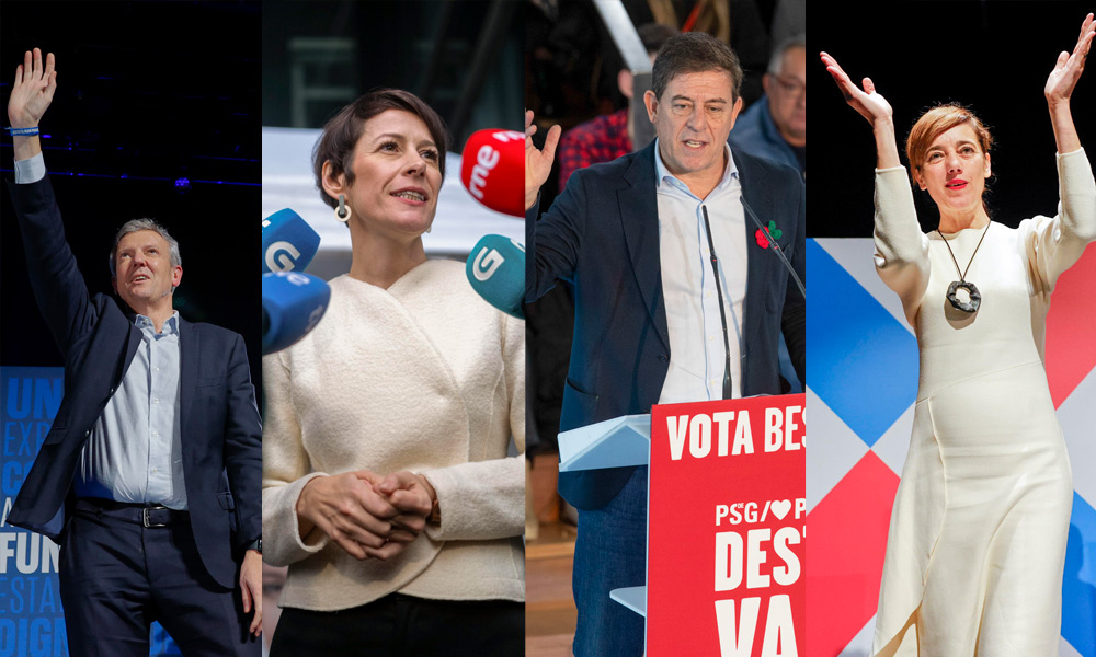 De izquierda a derecha: los candidatos Alfonso Rueda (PP), Ana Pontón (BNG), José Ramón Gómez Besteiro (PSdeG), Marta Lois (Sumar