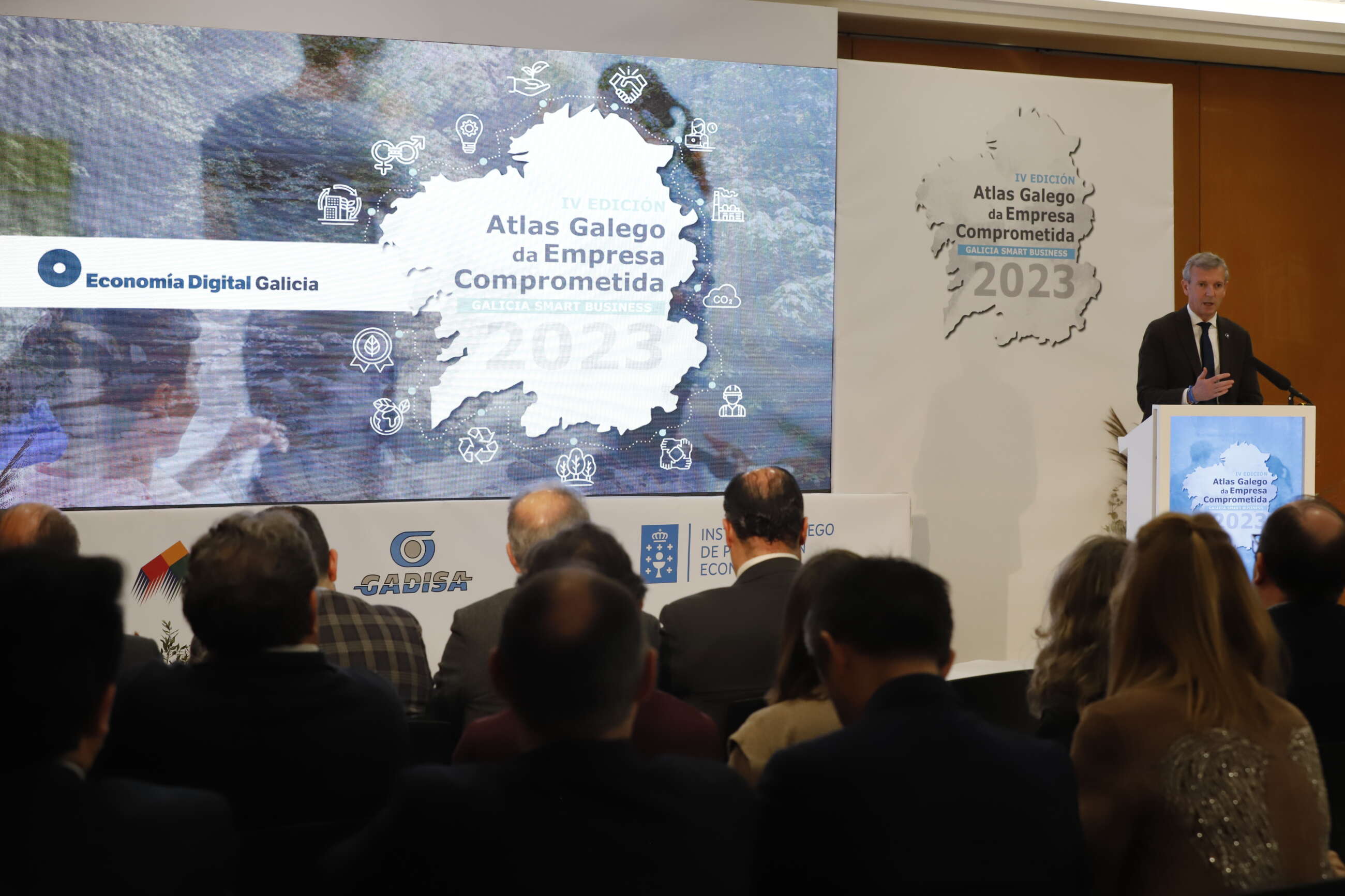 El presidente de la Xunta en funciones, Alfonso Rueda, durante su intervención en la presentación del Atlas Gallego de la Empresa Comprometida / Xurxo Lobato