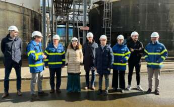 La conselleira de Economía y Promoción do Emprego, María Jesús Lorenzana, durante la visita a las instalaciones de Vertex Bioenergy, junto al exalcalde Ferrol, Ángel Mato