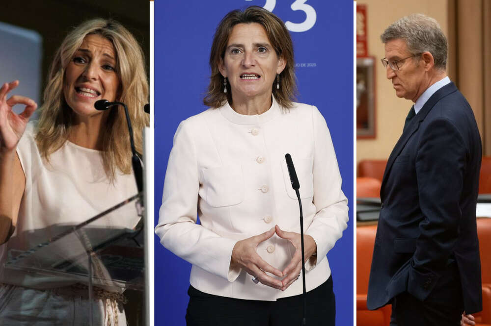 De izquierda a derecha, Yolanda Díaz, Teresa Ribera y Alberto Núñez Feijóo