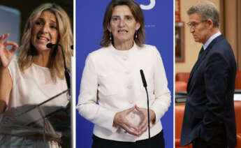 De izquierda a derecha, Yolanda Díaz, Teresa Ribera y Alberto Núñez Feijóo