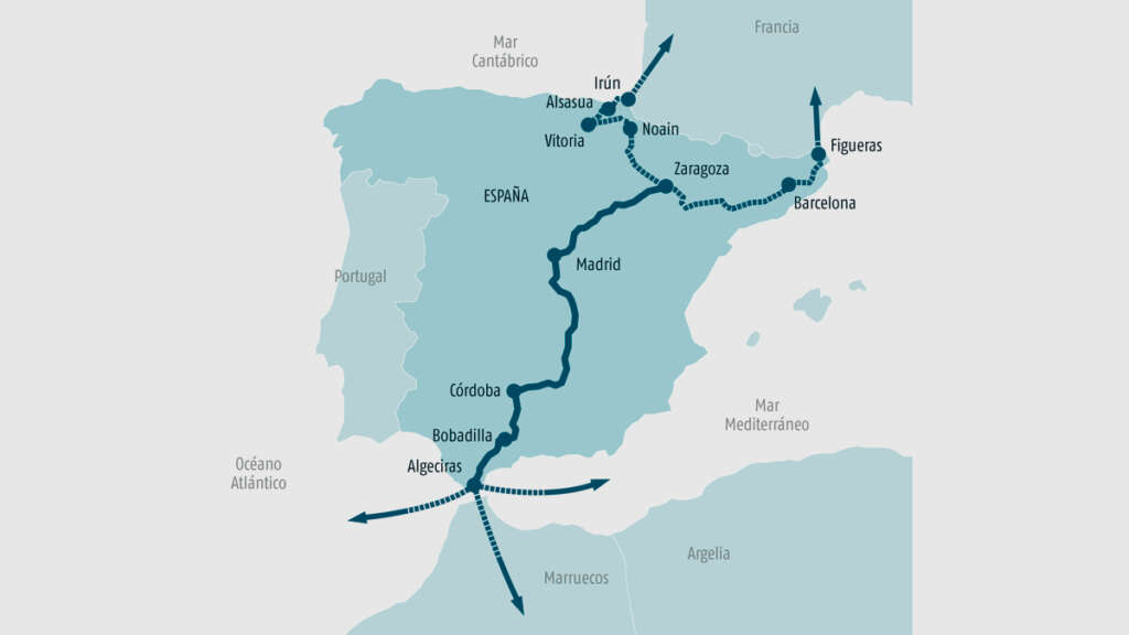 Mapa de la autopista ferroviaria Algeciras-Zaragoza