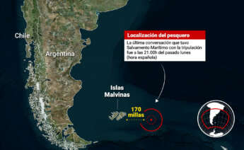 Infografía con localización del pesquero 'Argos Georgia' naufragado en las proximidades de las islas Malvinas - Europa Press