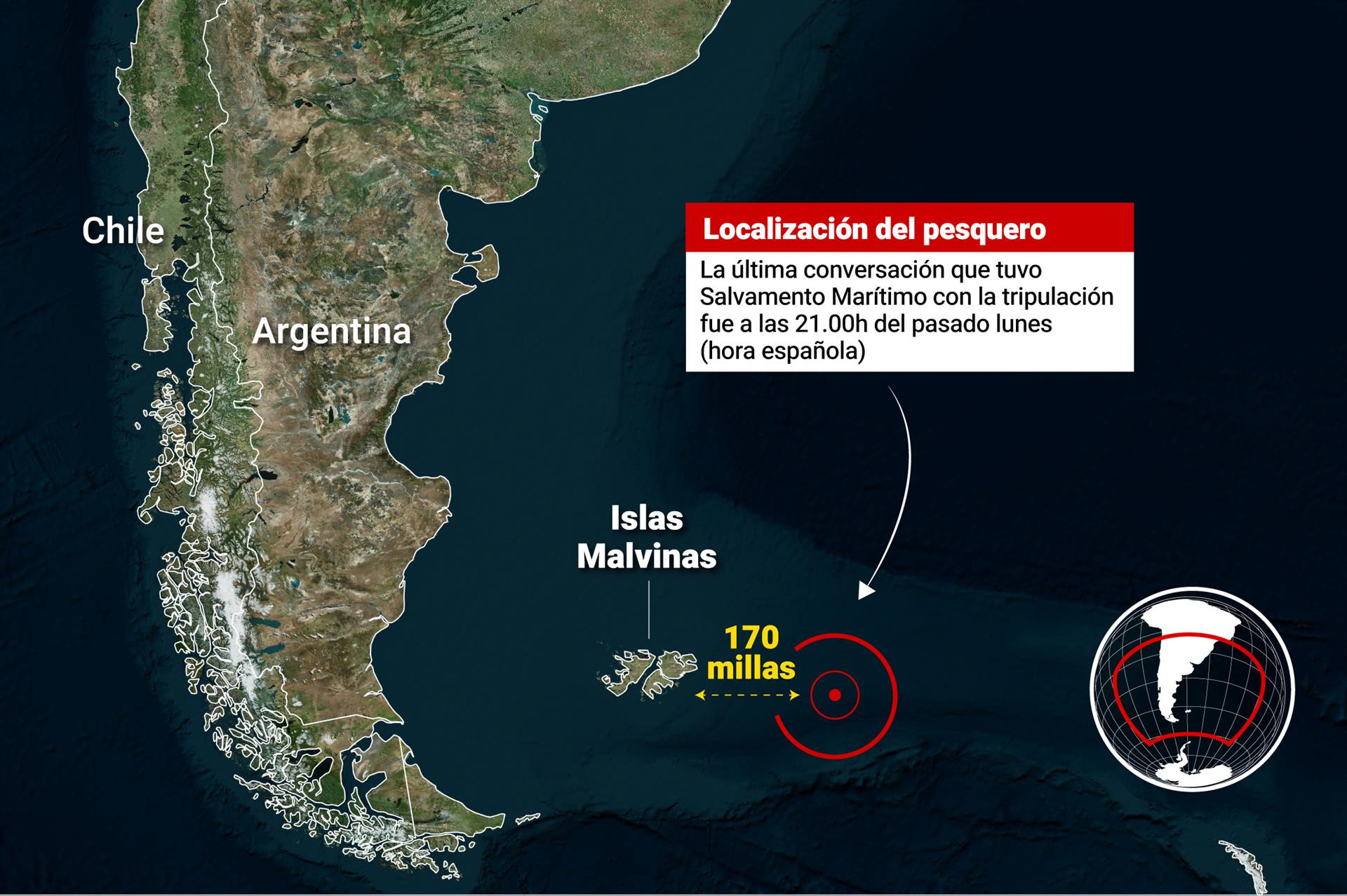 Infografía con localización del pesquero 'Argos Georgia' naufragado en las proximidades de las islas Malvinas - Europa Press