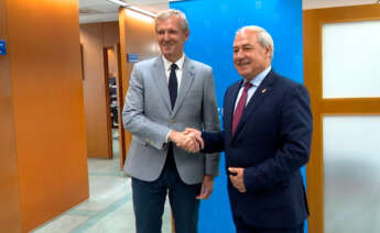 El presidente de la Xunta de Galicia, Alfonso Rueda, y el presidente de la Diputación Provincial de Lugo, José Tomé, minutos antes del encuentro mantenido este miércoles en la Delegación Territorial de la Xunta. En Lugo, a 17 de julio de 2024