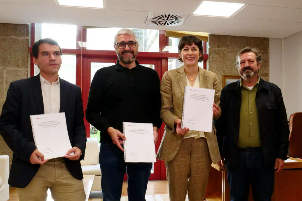 Los profesores de la UDC José Antonio Blanco y Carlos Aymerich junto a la portavoz nacional del BNG, Ana Pontón, y el diputado Luis Bará en la presentación de un estudio sobre la AP-9 - BNG