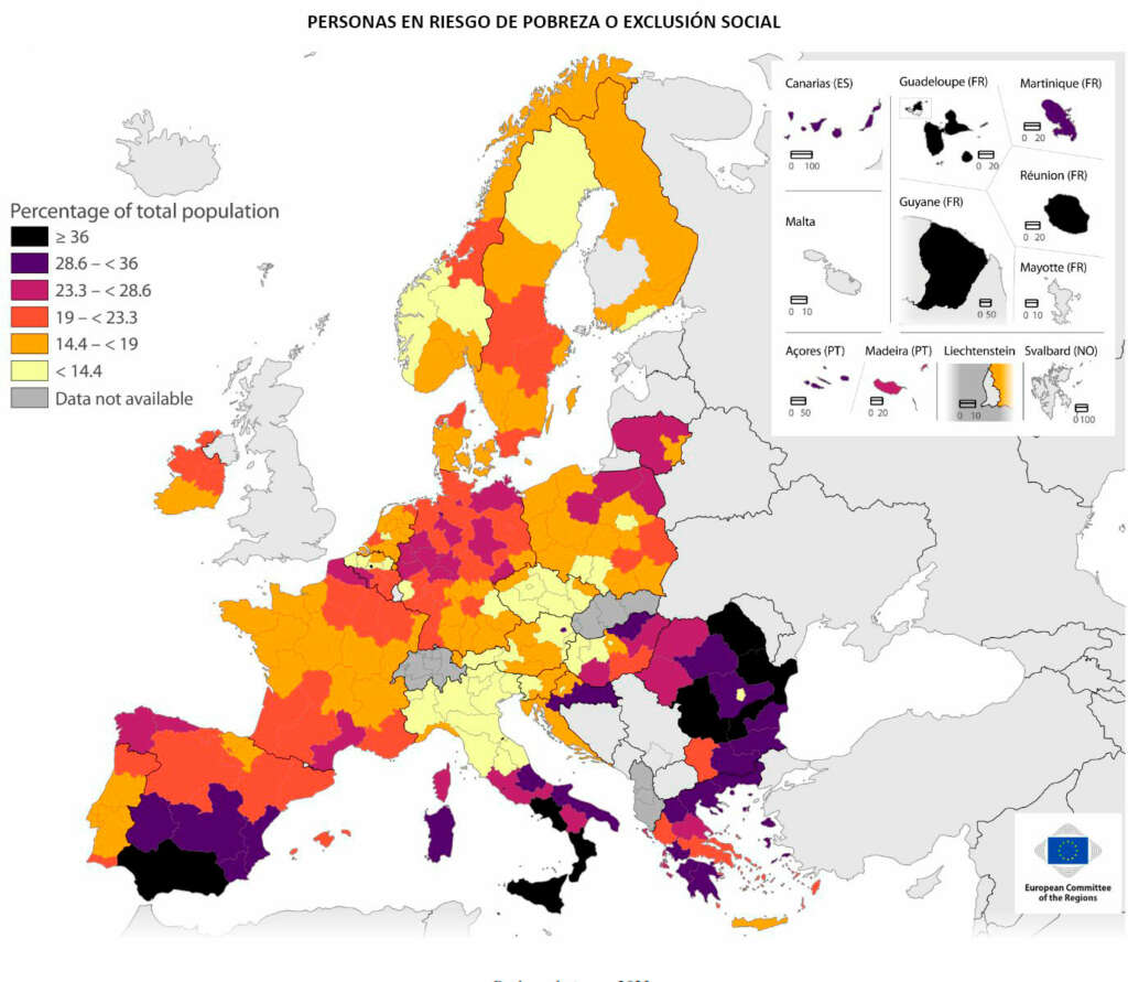 Mapa con las personas en riesgo de pobreza o exclusión social