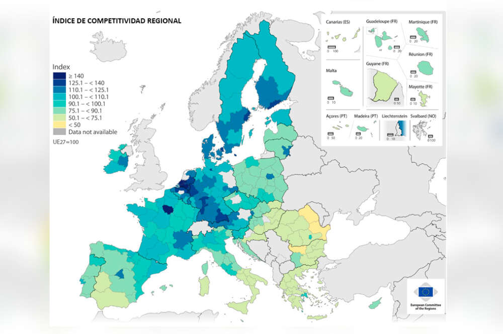 Mapa con el índice de competitividad regional en Europa