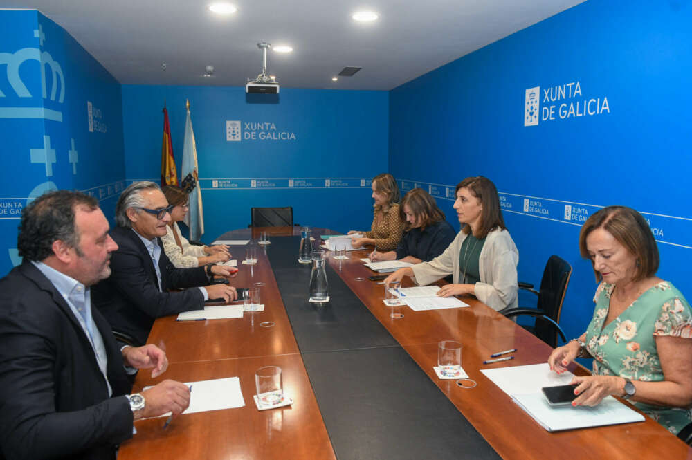 En el centro de la mesa, José Manuel Pazo, presidente de la Asociación Eólica de Galicia, y la conselleira Ángeles Vázquez en una reunión de trabajo por la parálisis judicial de parques eólicos / Xunta