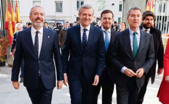 El presidente de la Xunta, Alfonso Rueda, junto al líder del PP, Alberto Núñez Feijóo, y otros presidentes autonómicos del partido en el Congreso, con motivo del Día de la Constitución