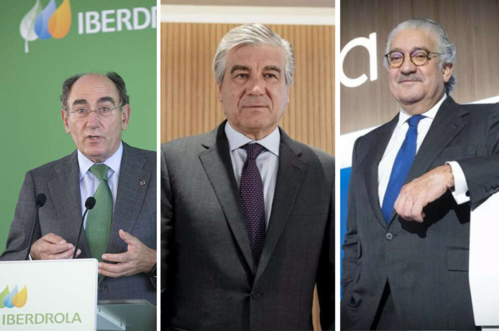 De izquierda a derecha, Ignacio Sánchez Galán (Iberdrola), Francisco Reynés (Naturgy), y José Bogas (Endesa)