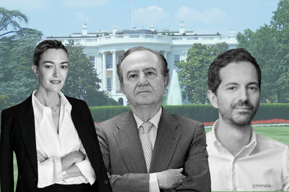 Marta Ortega, José María Fernández de Sousa y Manuel García, en un montaje delante de una foto de la Casa Blanca, debido a los negocios en Estados Unidos de Inditex, Pharma Mar y Greenalia