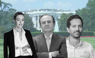 Marta Ortega, José María Fernández de Sousa y Manuel García, en un montaje delante de una foto de la Casa Blanca, debido a los negocios en Estados Unidos de Inditex, Pharma Mar y Greenalia