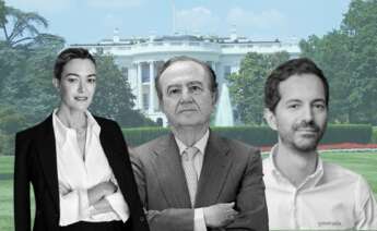 Marta Ortega, José María Fernández de Sousa y Manuel García, en un montaje delante de una foto de la Casa Blanca, debido a los negocios en Estados Unidos de Inditex, Pharma Mar y Greenalia