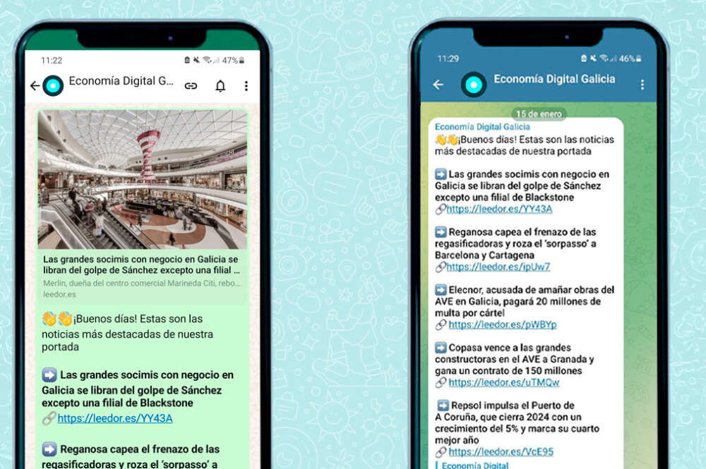 dos teléfonos móviles mostrando los canales de Whatsapp y de Telegram de Economía Digital Galicia