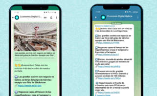 dos teléfonos móviles mostrando los canales de Whatsapp y de Telegram de Economía Digital Galicia