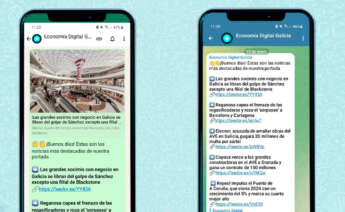 dos teléfonos móviles mostrando los canales de Whatsapp y de Telegram de Economía Digital Galicia