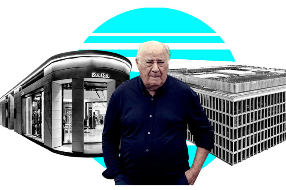 Ilustración de Amancio Ortega, la primera tienda de Zara y la sede de Inditex en Arteixo