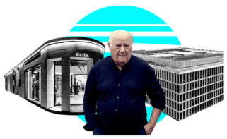 Ilustración de Amancio Ortega, la primera tienda de Zara y la sede de Inditex en Arteixo