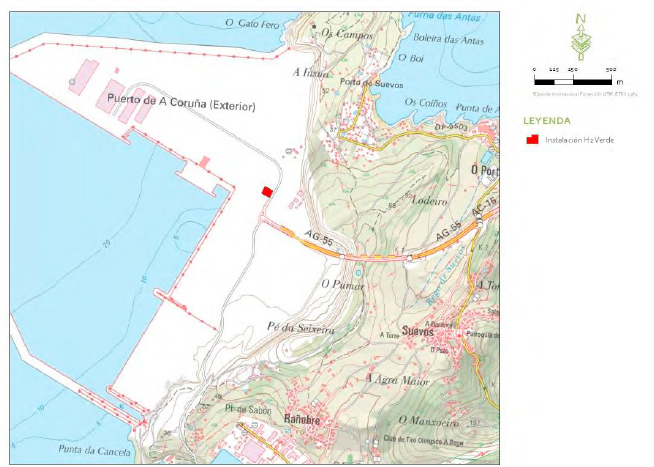 Mapa de localización de la planta de Enerfín en el puerto de exterior de A Coruña