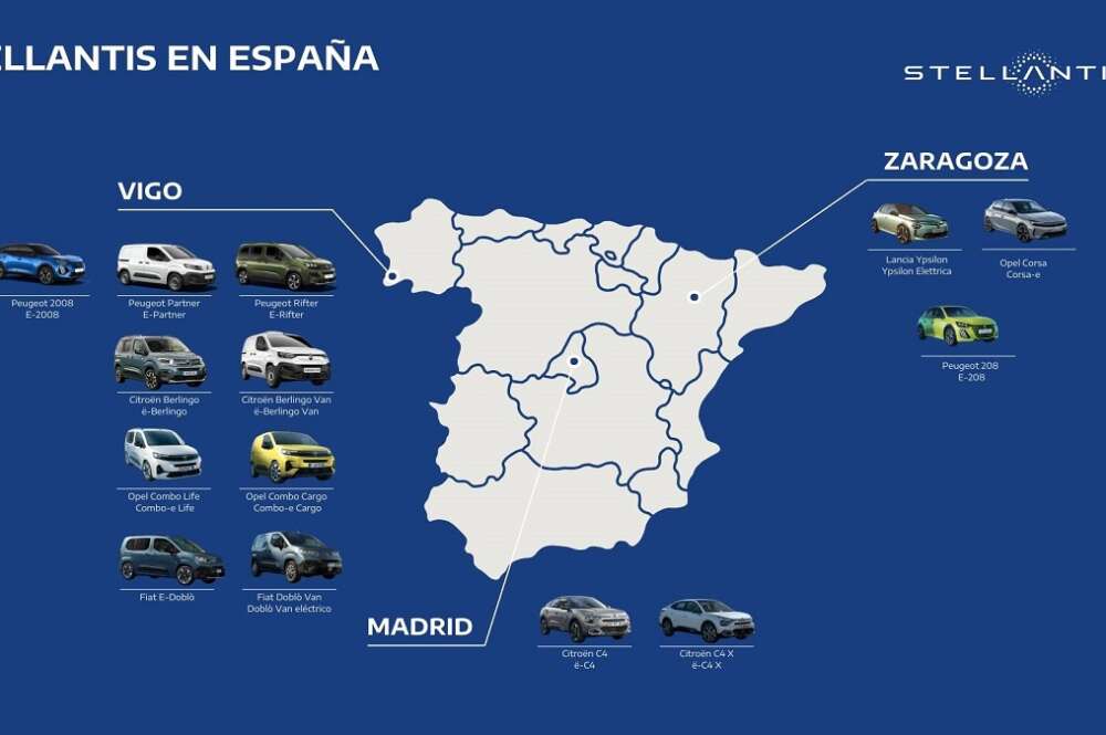 Mapa con la producción de Stellantis en España, con sus tres fábricas