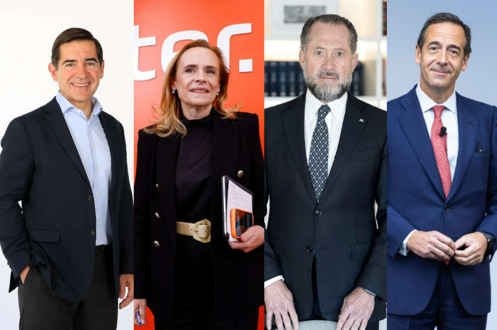 De izquierda a derecha, Carlos Torres (BBVA), Gloria Ortiz (Bankinter), Juan Carlos Escotet (Abanca) y Gonzalo Gortázar (Caixabank)