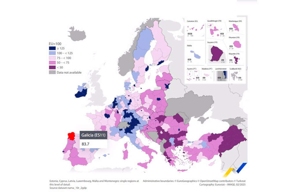 Mapa con los datos del PIB por cápita en la UE en 2023