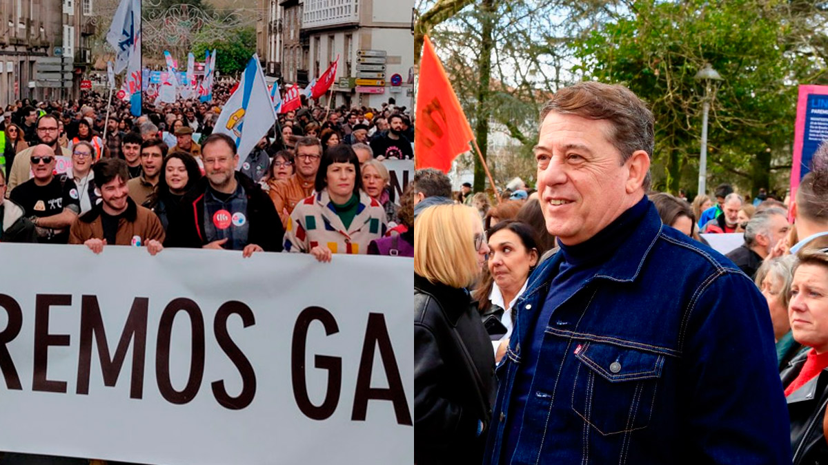 Ana Pontón y José Ramón Gómez Besteiro en la manifestación en defensa del gallego en Santiago