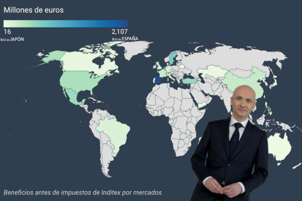 Óscar García Maceiras, CEO de Inditex, y un mapa de color con los beneficios en los principales mercados de la compañía