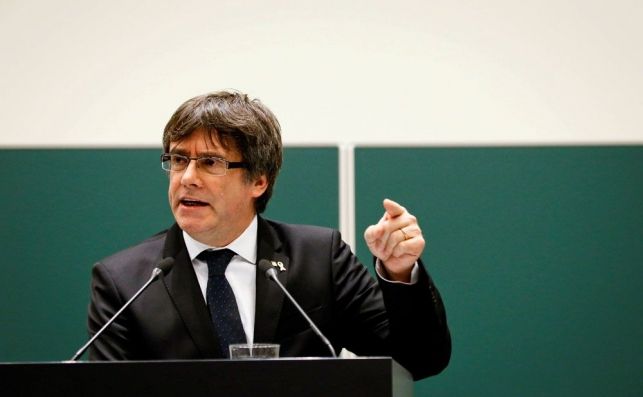 El expresidente de la Generalitat Carles Puigdemont durante un conferencia en la Universidad de Lovaina, al norte de Bélgica. EFE