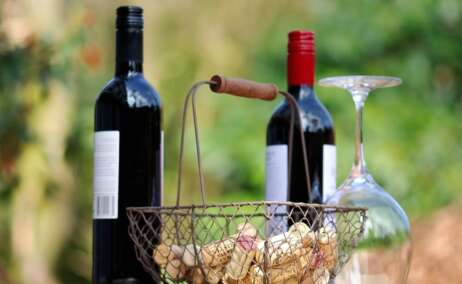 Unas botellas de vino junto con una cesta con corchos