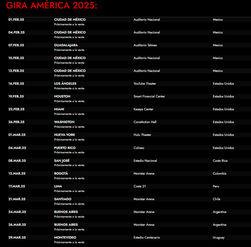 Las fechas de la gira en América