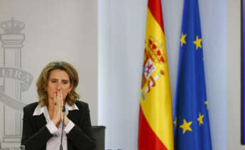 La ministra de Transición Ecológica Teresa Ribera, duarnte la rueda de prensa posterior al Consejo de Ministros en el Palacio de la Moncloa en Madrid, este martes. EFE/ Javier Lizón